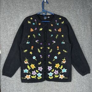 Vintage Panther Cardigan Sweater Black Colorful Floral Embroidered Size XL 90s